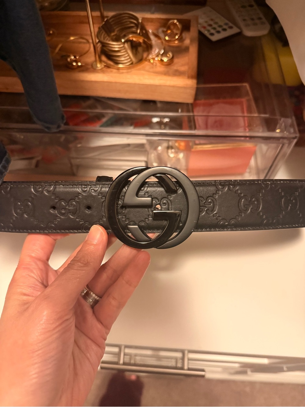 Unisex Gucci Black Embossed GG Leather Belt Matte Interlocking G Buckle